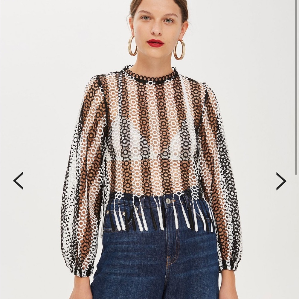 Black and White Broderie Tassel Top